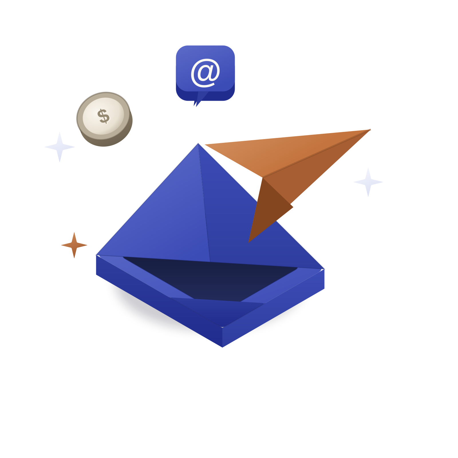 Ilustración isométrica 3D: un sobre abierto con un avión de papel en cobre y una burbuja de mensaje azul lapislázuli.