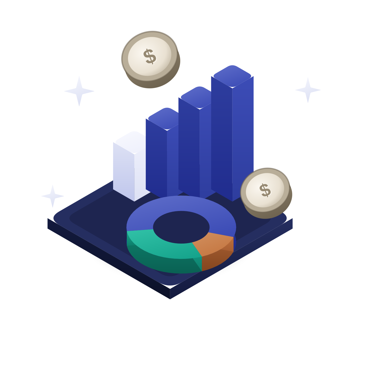 Ilustración isométrica 3D: barras ascendentes en azul lapislázuli y un gráfico de anillo con una porción verde, junto a monedas de peso en tono bronce sobre una base índigo.